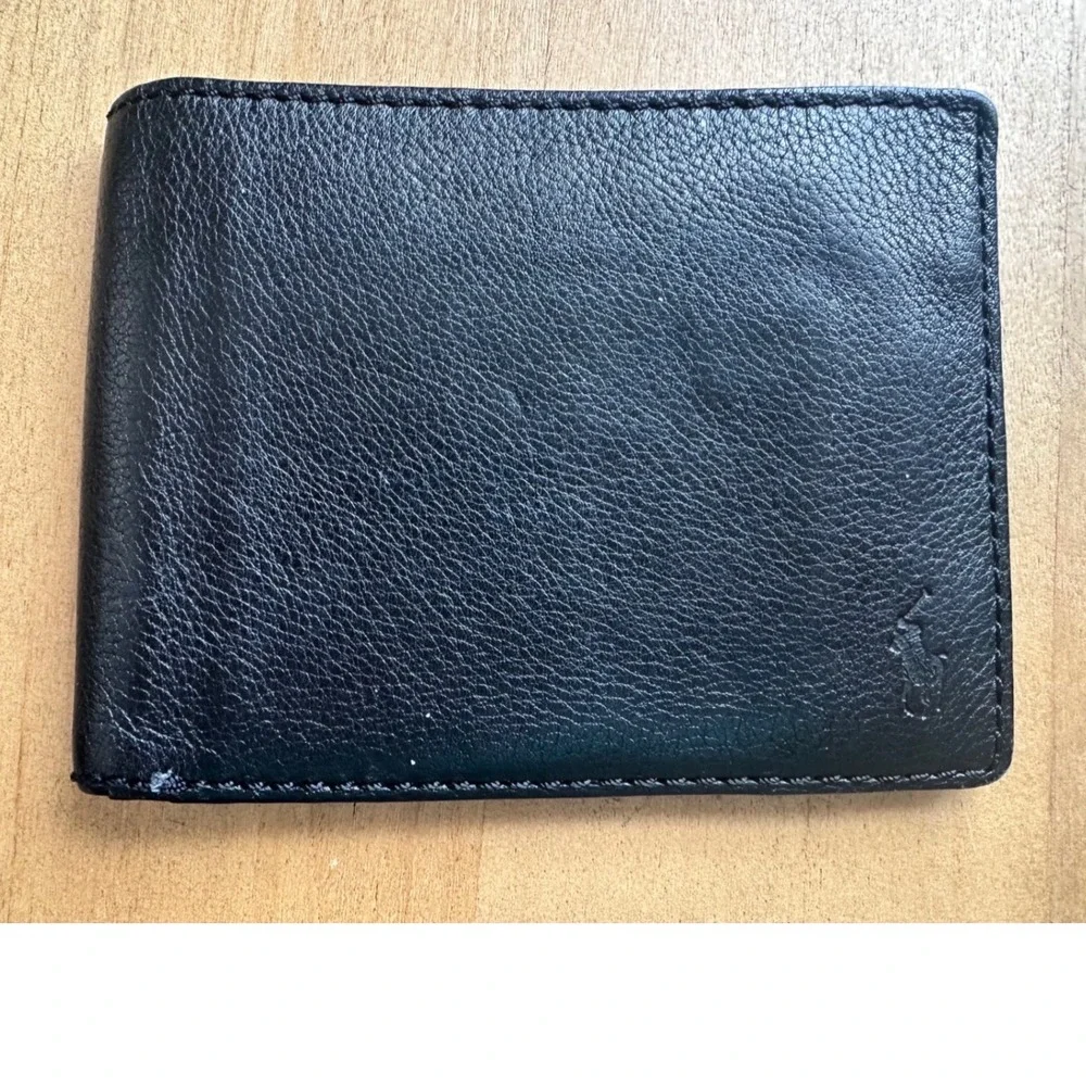 Polo Ralph Lauren Mens Black Pebbled Leather Bifold Wallet Embossed Pony Logo